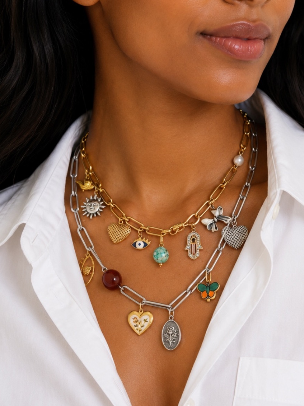 New! Preppy Gold Mixed Metal Charm Stacked Necklace NWOT 5047